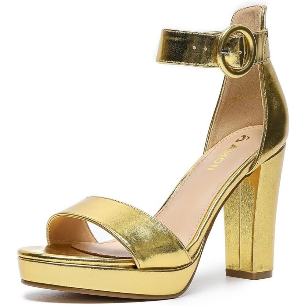Amoji Women Pu-gold Faux Suede Open Toe High Heel Chunky Platform Sandals